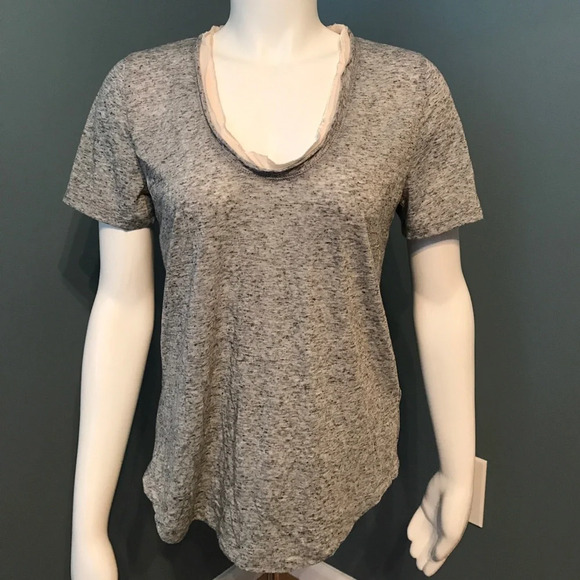 J. Crew gray v neck tee shirt with satin trim - Picture 1 of 5